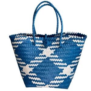Handwoven Recycled Plastic Tote Bag Blue White Geometric Boho Beach Market Bag